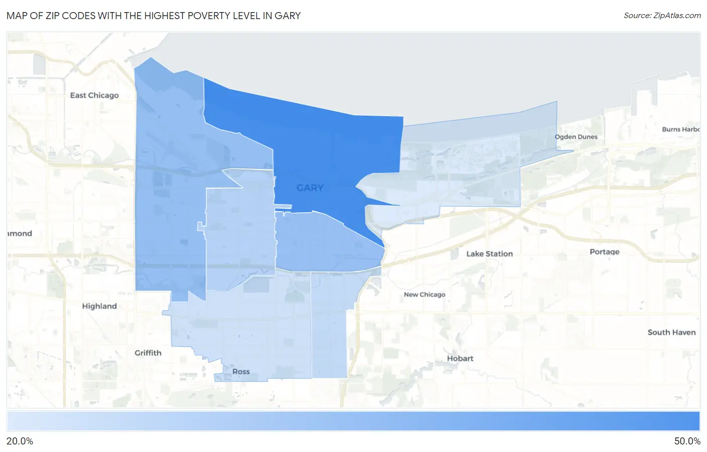 Zip Codes with the Highest Poverty Level in Gary Map