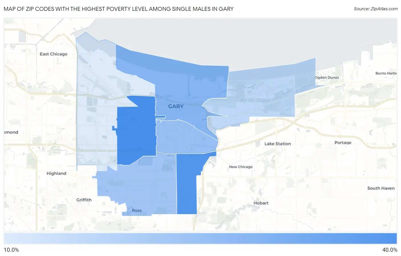 Zip Codes with the Highest Poverty Level Among Single Males in Gary Map