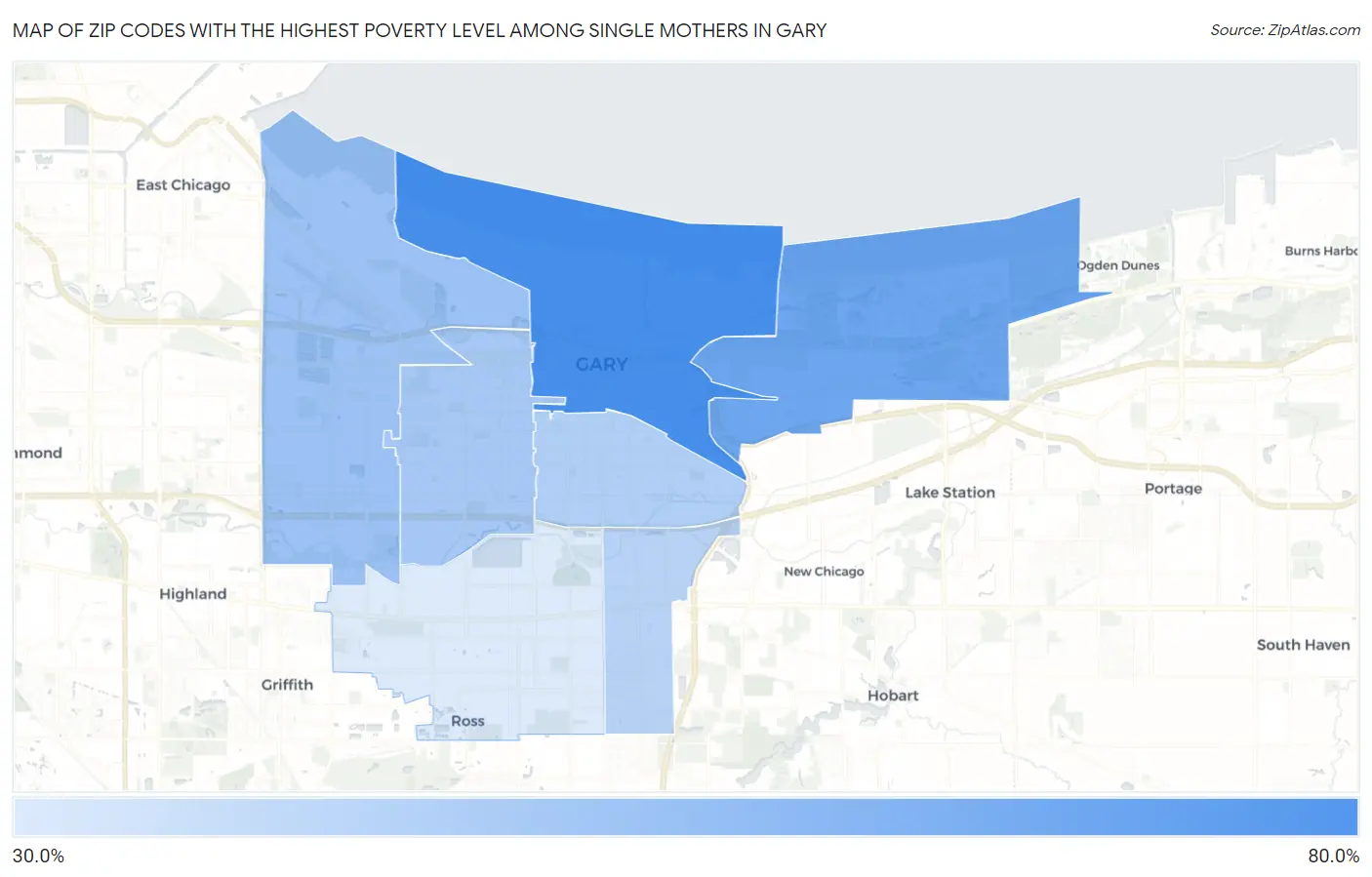 Zip Codes with the Highest Poverty Level Among Single Mothers in Gary Map