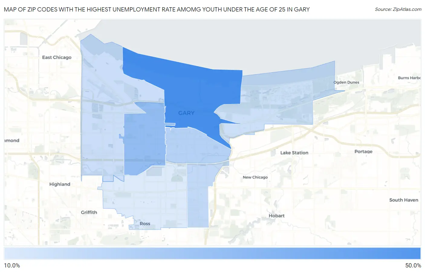 Zip Codes with the Highest Unemployment Rate Amomg Youth Under the Age of 25 in Gary Map