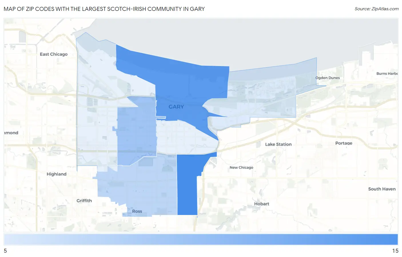 Zip Codes with the Largest Scotch-Irish Community in Gary Map