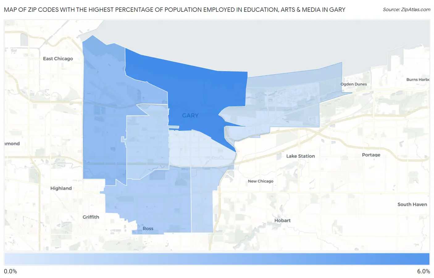 Zip Codes with the Highest Percentage of Population Employed in Education, Arts & Media in Gary Map