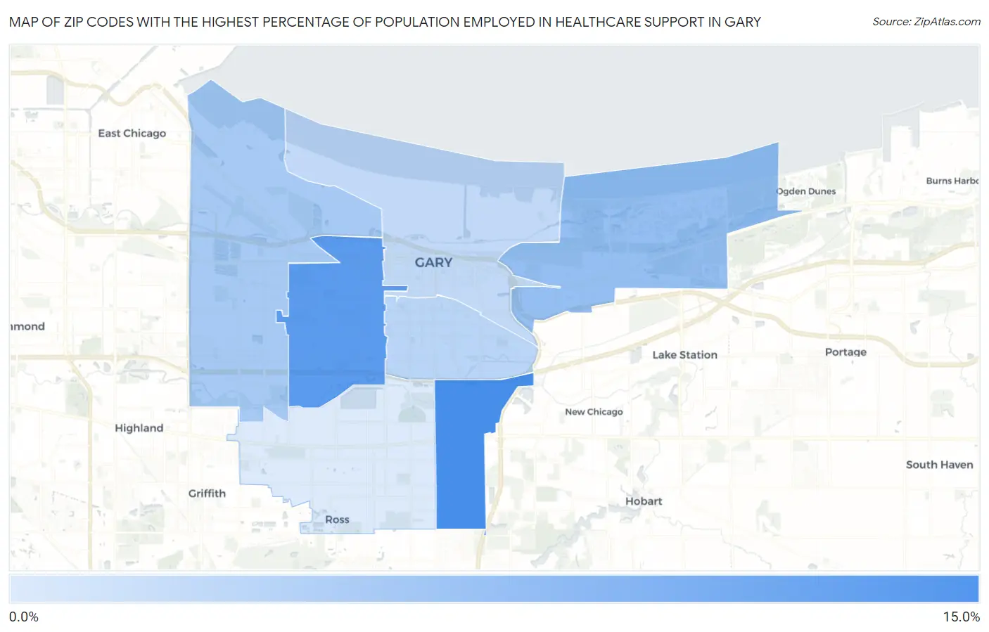Zip Codes with the Highest Percentage of Population Employed in Healthcare Support in Gary Map