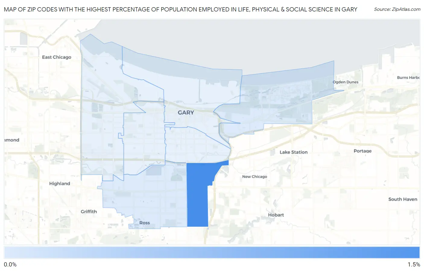 Zip Codes with the Highest Percentage of Population Employed in Life, Physical & Social Science in Gary Map