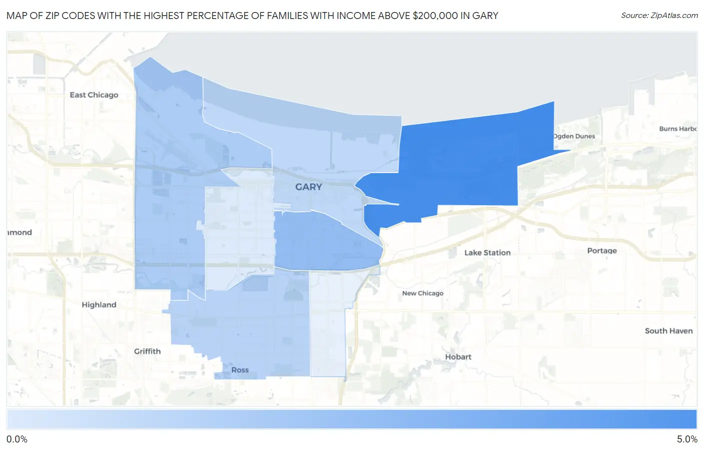 Zip Codes with the Highest Percentage of Families with Income Above $200,000 in Gary Map