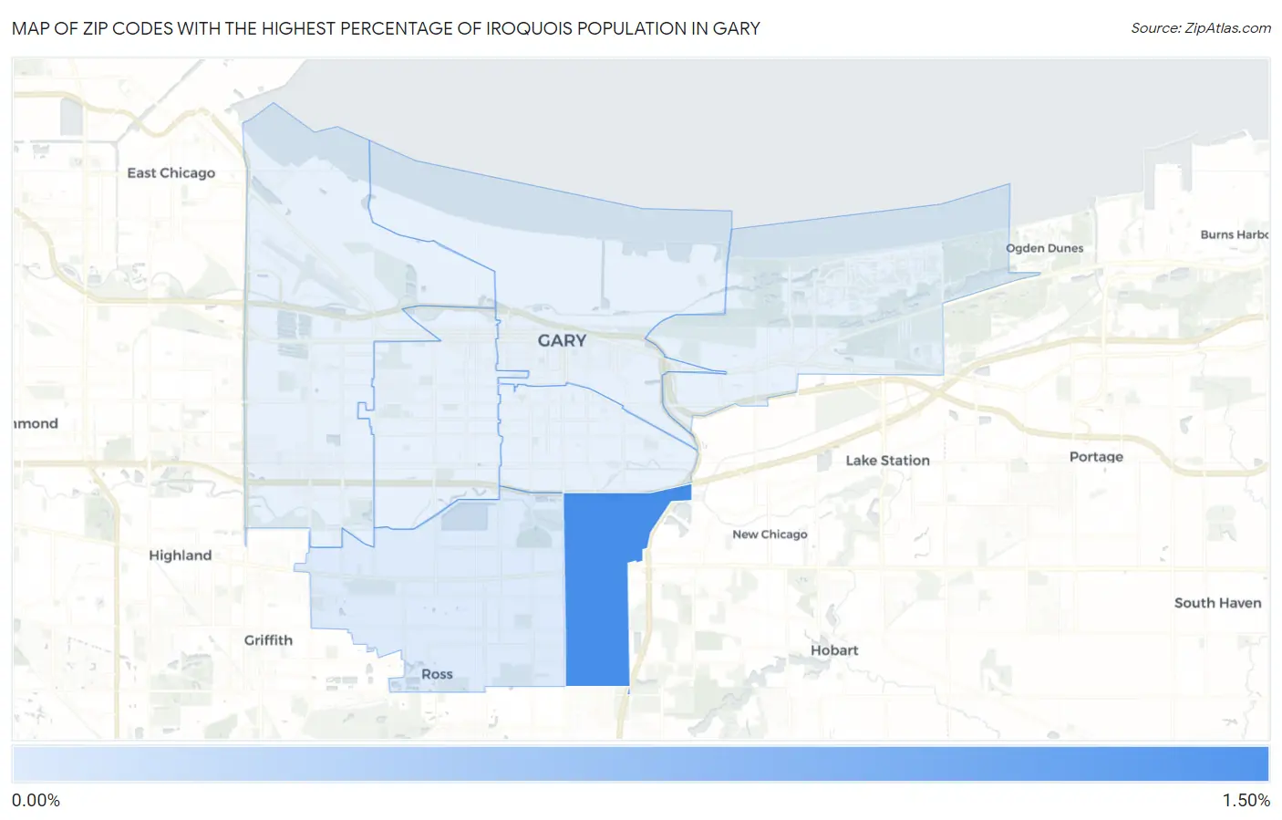 Zip Codes with the Highest Percentage of Iroquois Population in Gary Map