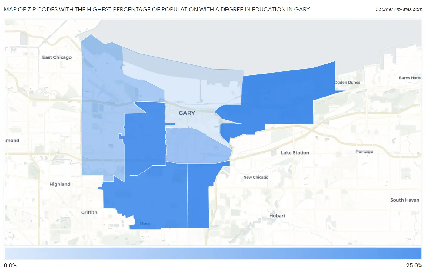 Zip Codes with the Highest Percentage of Population with a Degree in Education in Gary Map