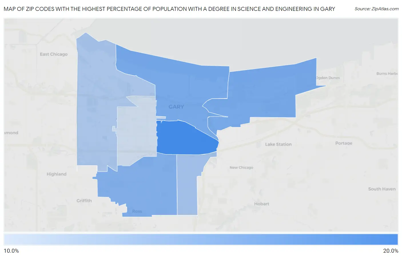 Zip Codes with the Highest Percentage of Population with a Degree in Science and Engineering in Gary Map