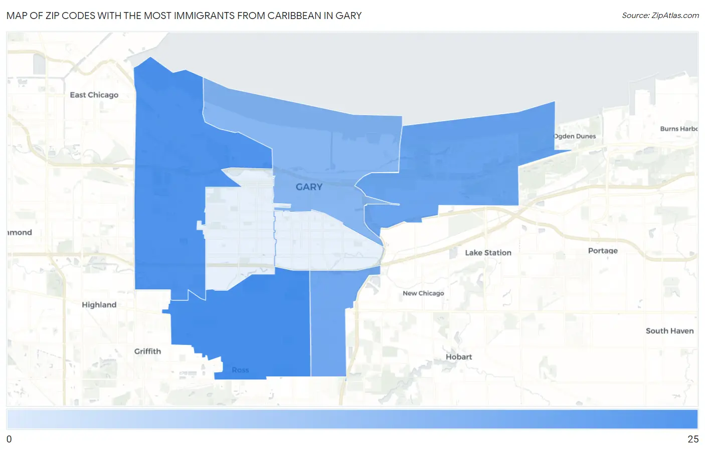 Zip Codes with the Most Immigrants from Caribbean in Gary Map