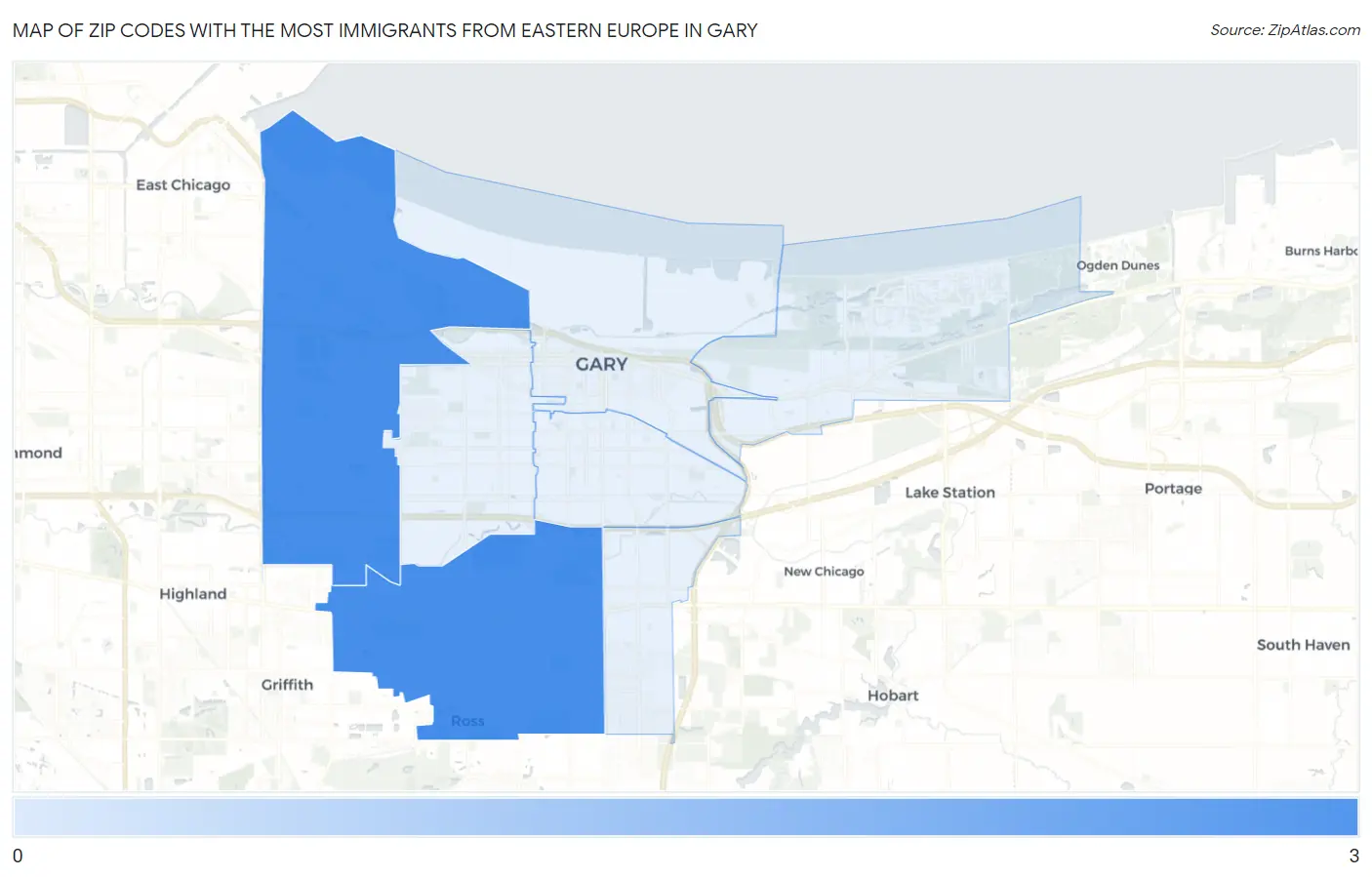 Zip Codes with the Most Immigrants from Eastern Europe in Gary Map