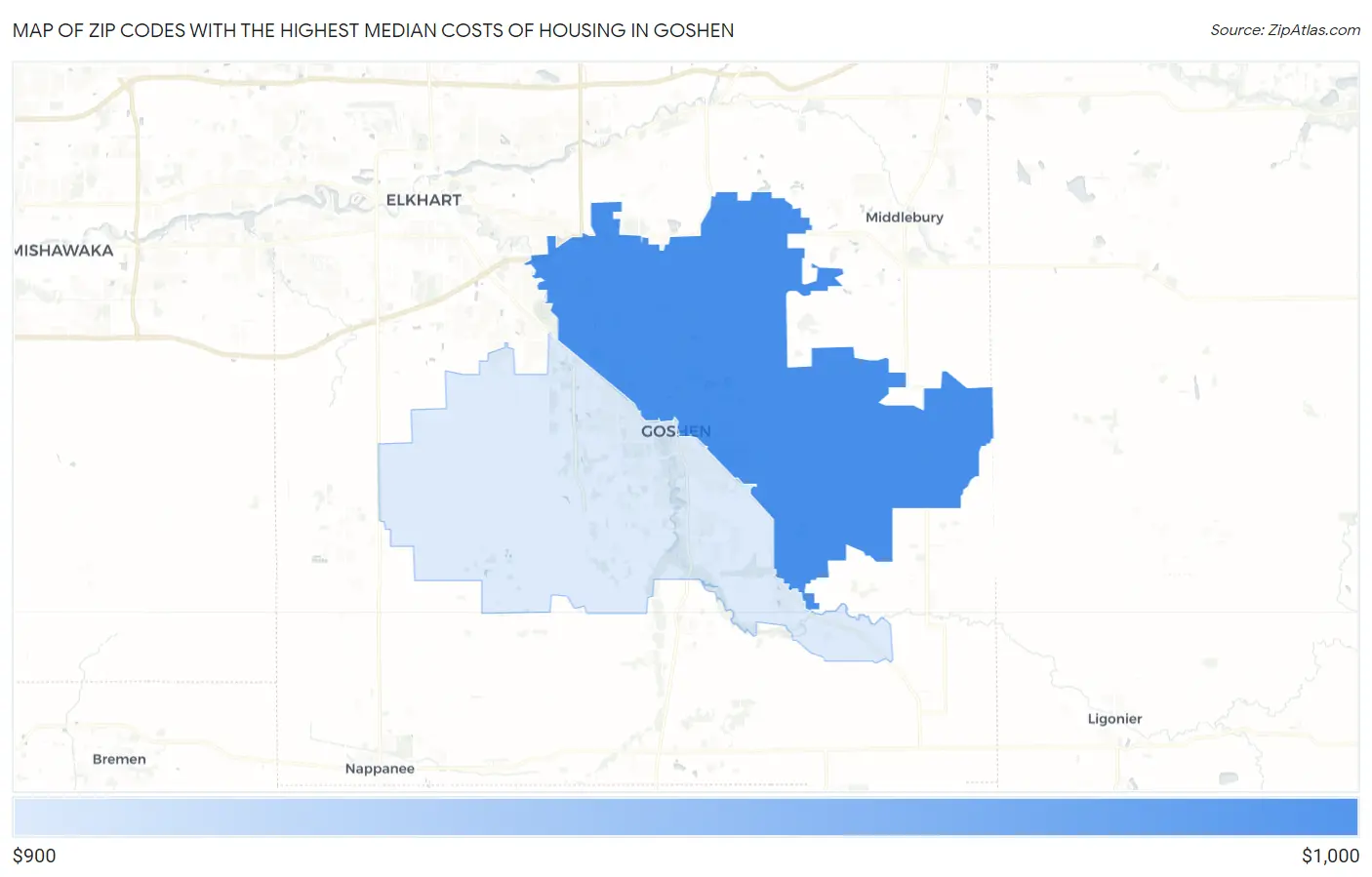 Zip Codes with the Highest Median Costs of Housing in Goshen Map