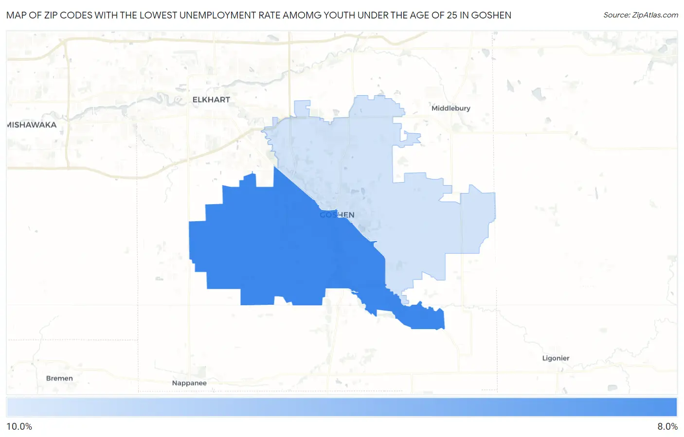 Zip Codes with the Lowest Unemployment Rate Amomg Youth Under the Age of 25 in Goshen Map