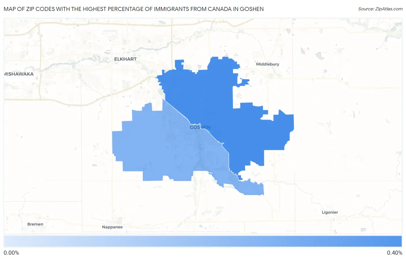 Zip Codes with the Highest Percentage of Immigrants from Canada in Goshen Map