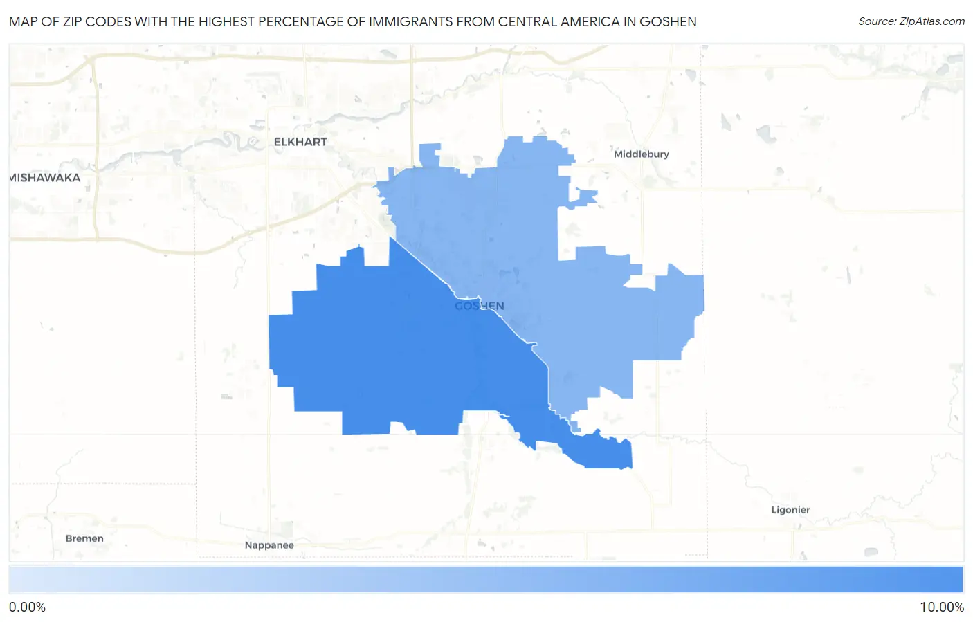 Zip Codes with the Highest Percentage of Immigrants from Central America in Goshen Map