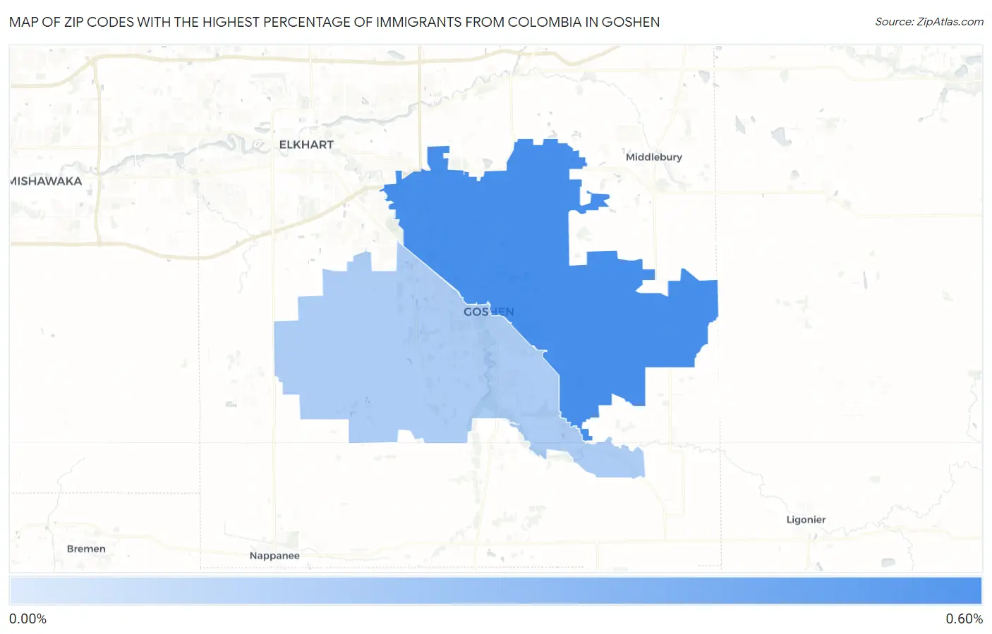 Zip Codes with the Highest Percentage of Immigrants from Colombia in Goshen Map