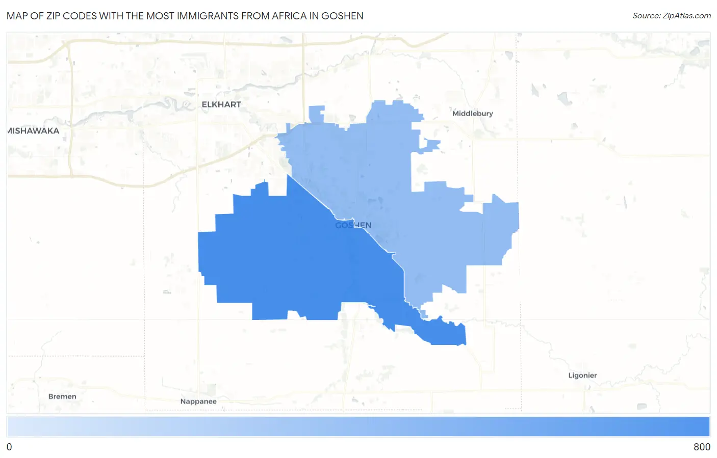 Zip Codes with the Most Immigrants from Africa in Goshen Map
