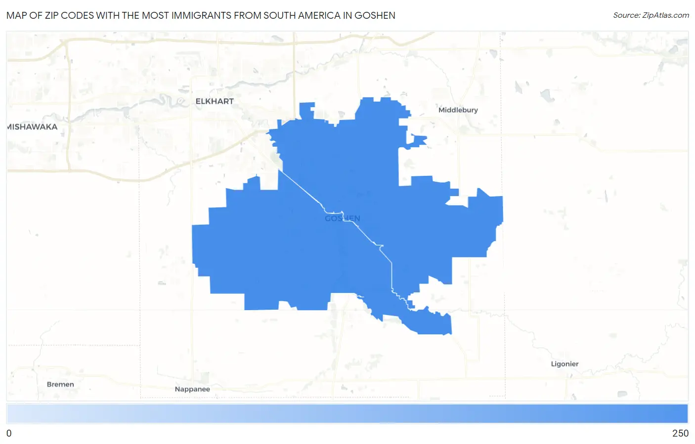 Zip Codes with the Most Immigrants from South America in Goshen Map