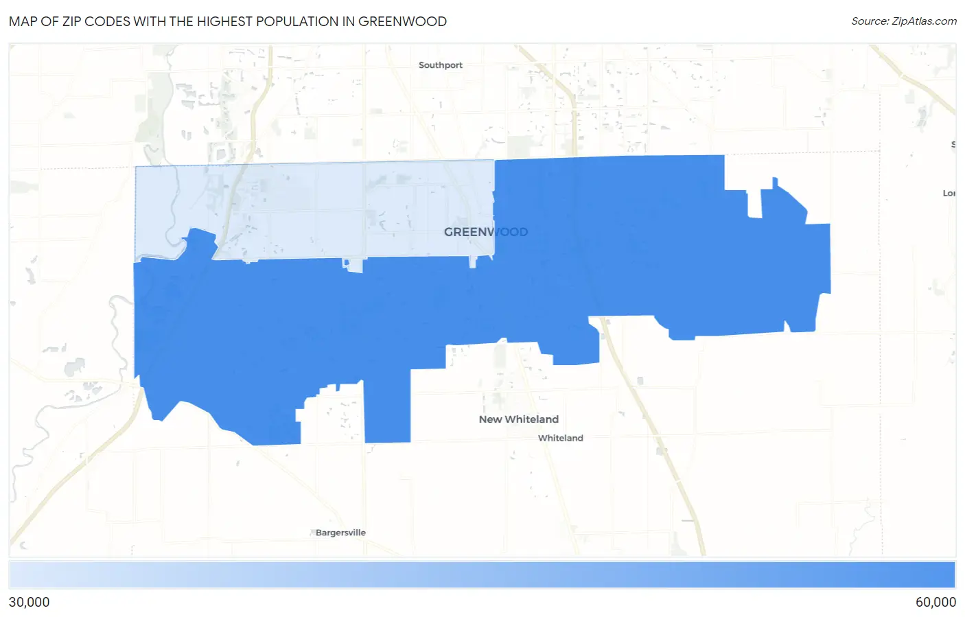 Zip Codes with the Highest Population in Greenwood Map