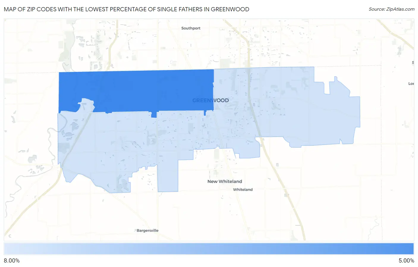 Zip Codes with the Lowest Percentage of Single Fathers in Greenwood Map
