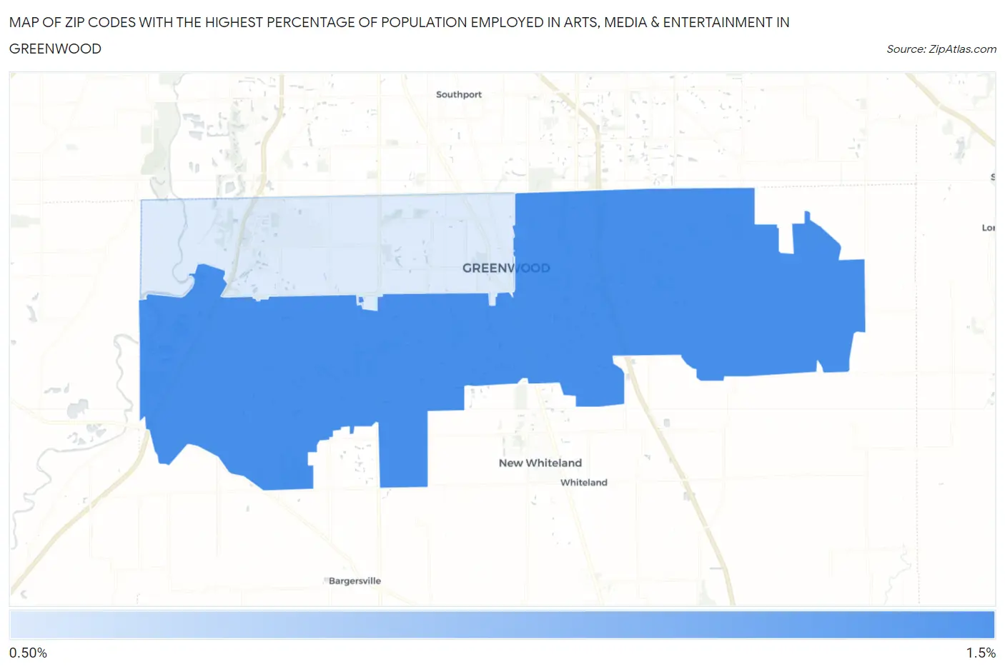 Zip Codes with the Highest Percentage of Population Employed in Arts, Media & Entertainment in Greenwood Map