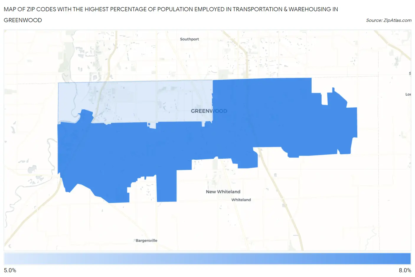 Zip Codes with the Highest Percentage of Population Employed in Transportation & Warehousing in Greenwood Map