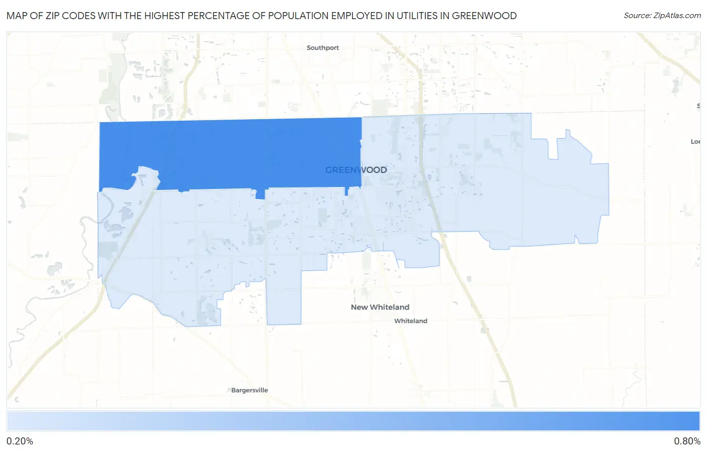 Zip Codes with the Highest Percentage of Population Employed in Utilities in Greenwood Map