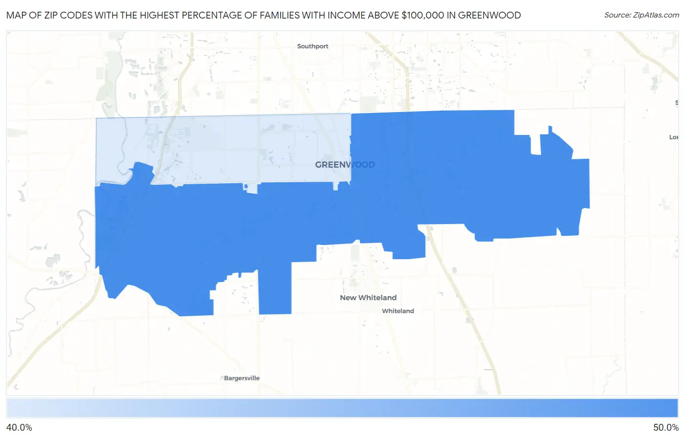 Zip Codes with the Highest Percentage of Families with Income Above $100,000 in Greenwood Map