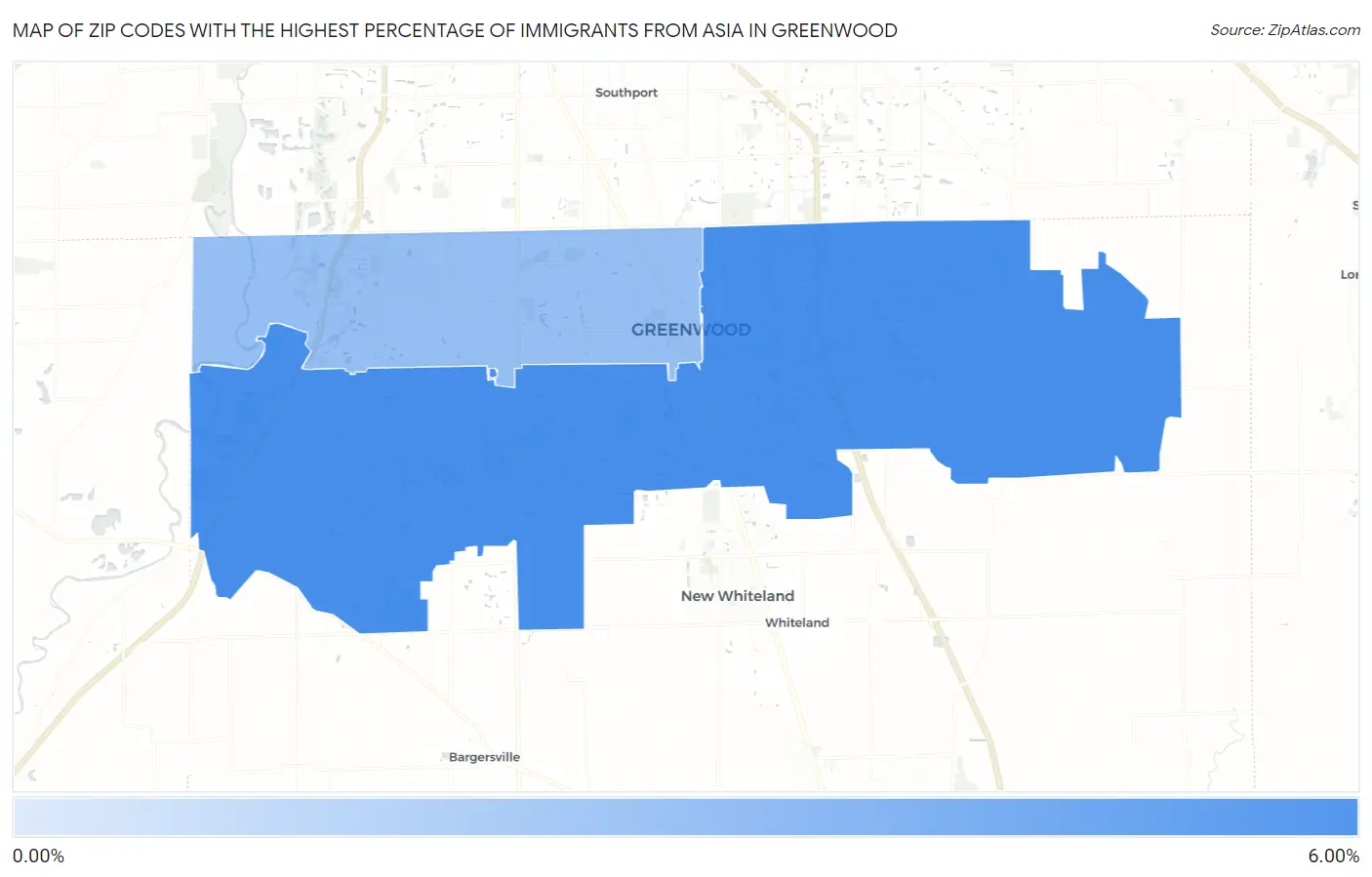 Zip Codes with the Highest Percentage of Immigrants from Asia in Greenwood Map
