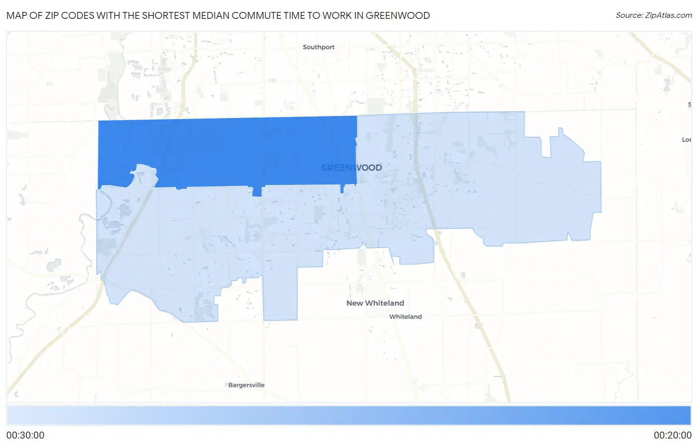Zip Codes with the Shortest Median Commute Time to Work in Greenwood Map