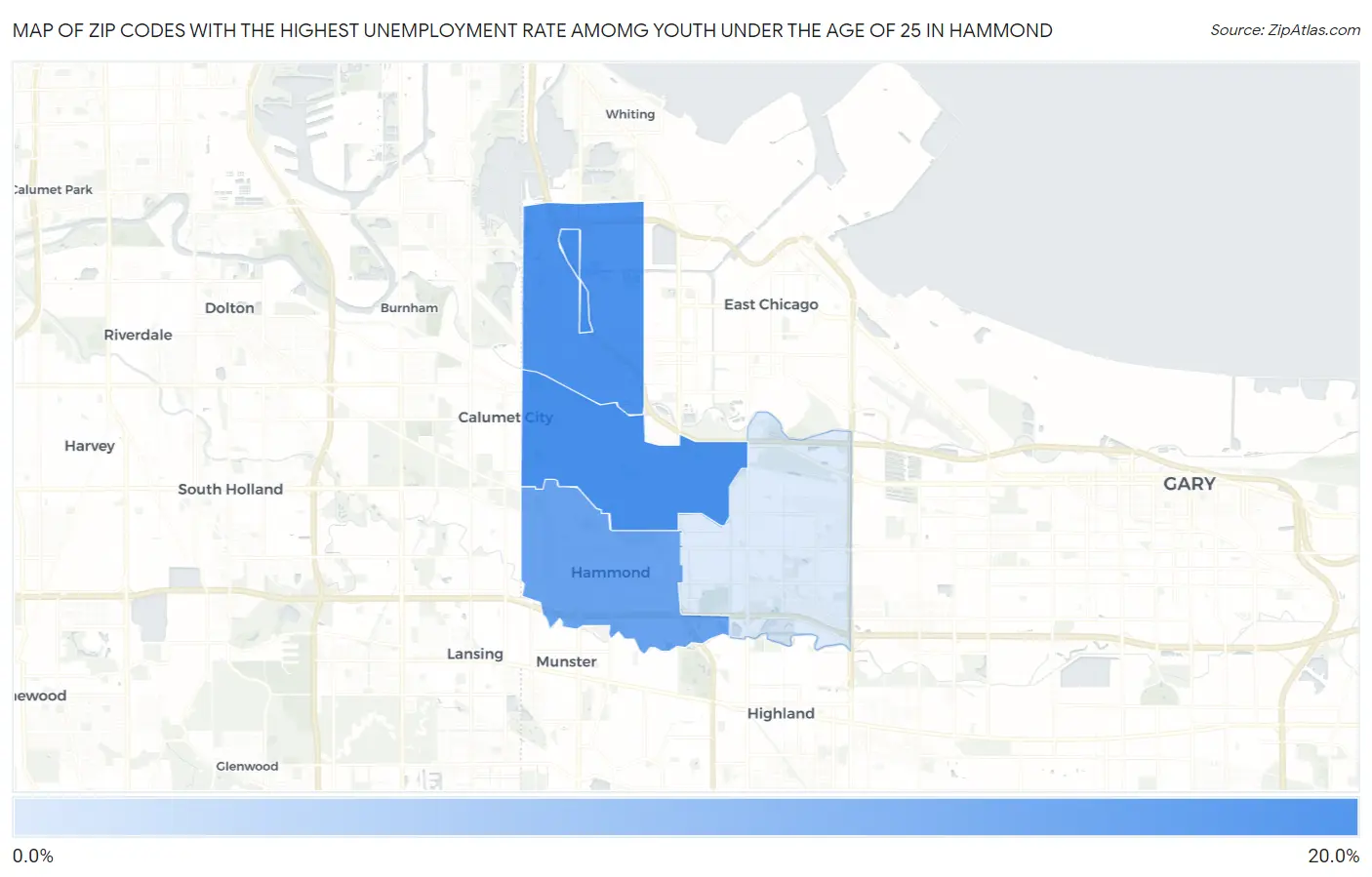 Zip Codes with the Highest Unemployment Rate Amomg Youth Under the Age of 25 in Hammond Map