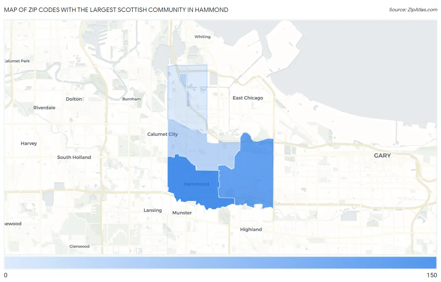 Zip Codes with the Largest Scottish Community in Hammond Map