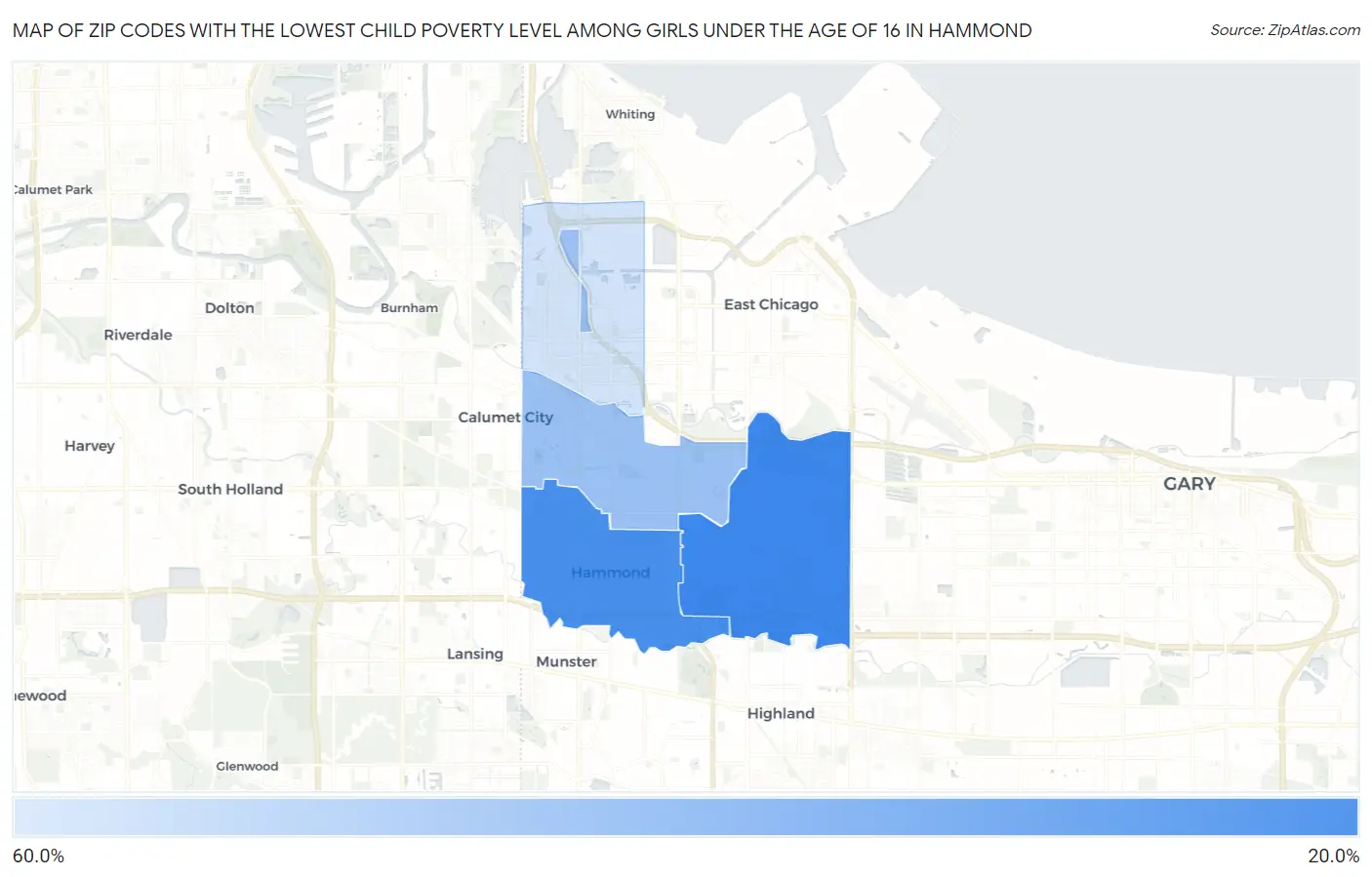 Zip Codes with the Lowest Child Poverty Level Among Girls Under the Age of 16 in Hammond Map