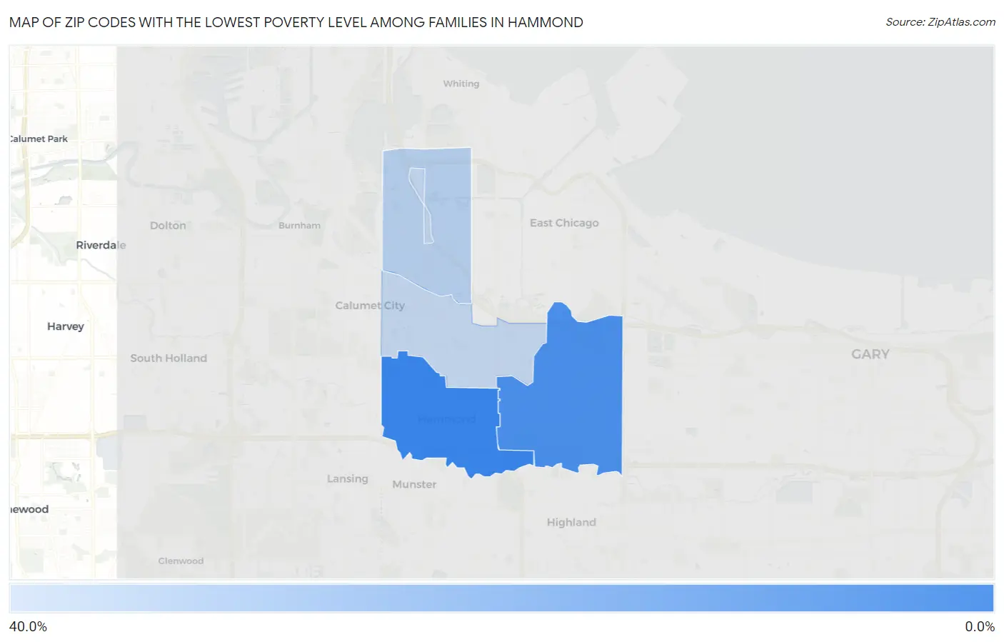 Zip Codes with the Lowest Poverty Level Among Families in Hammond Map