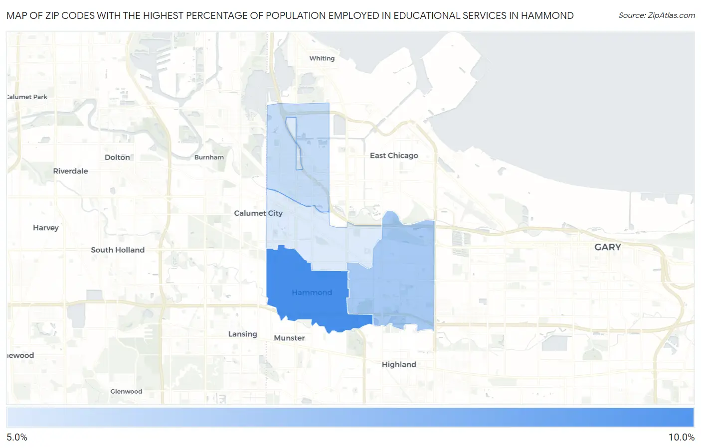 Zip Codes with the Highest Percentage of Population Employed in Educational Services in Hammond Map