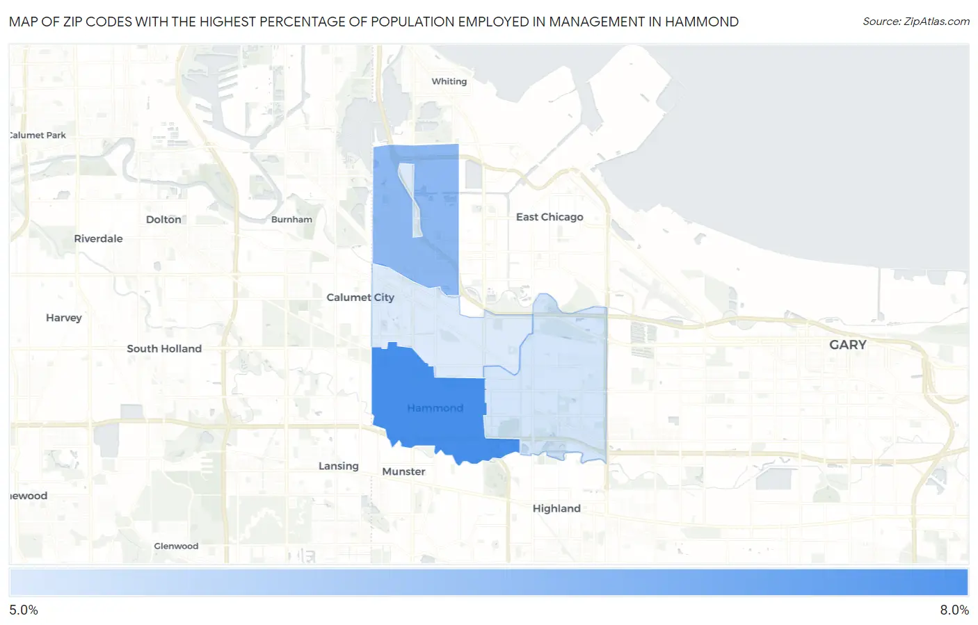 Zip Codes with the Highest Percentage of Population Employed in Management in Hammond Map