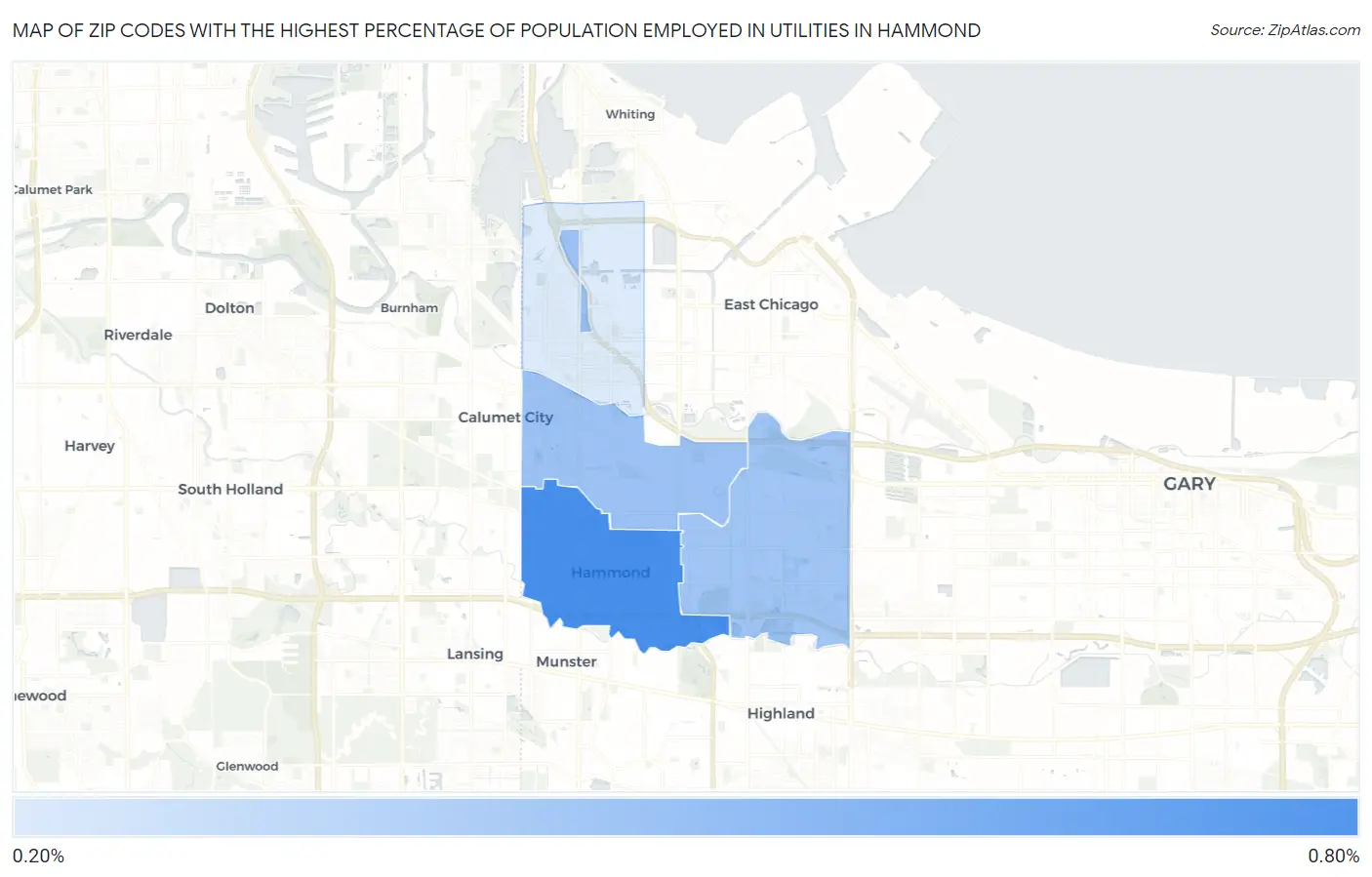 Zip Codes with the Highest Percentage of Population Employed in Utilities in Hammond Map