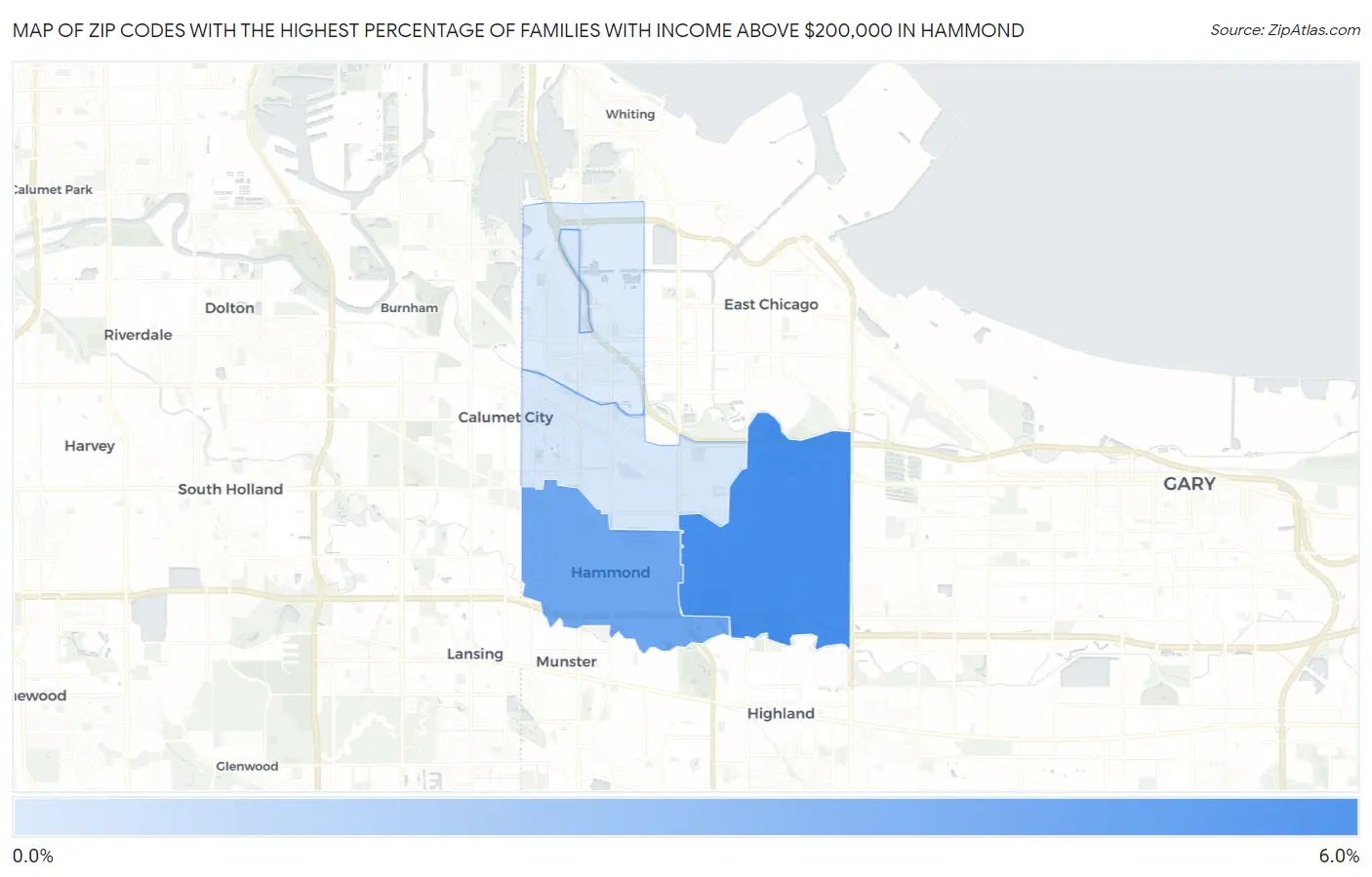 Zip Codes with the Highest Percentage of Families with Income Above $200,000 in Hammond Map