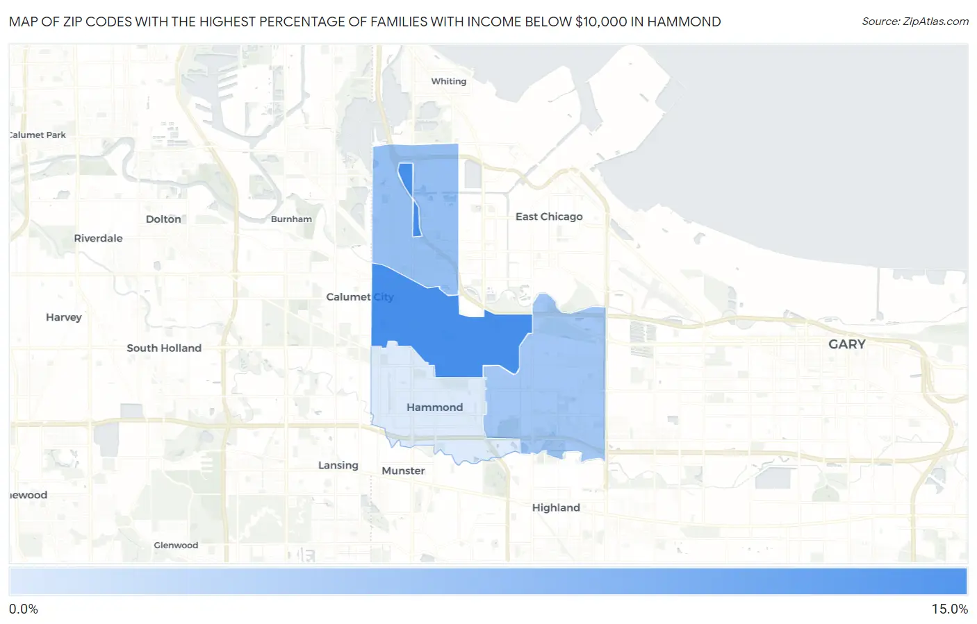 Zip Codes with the Highest Percentage of Families with Income Below $10,000 in Hammond Map