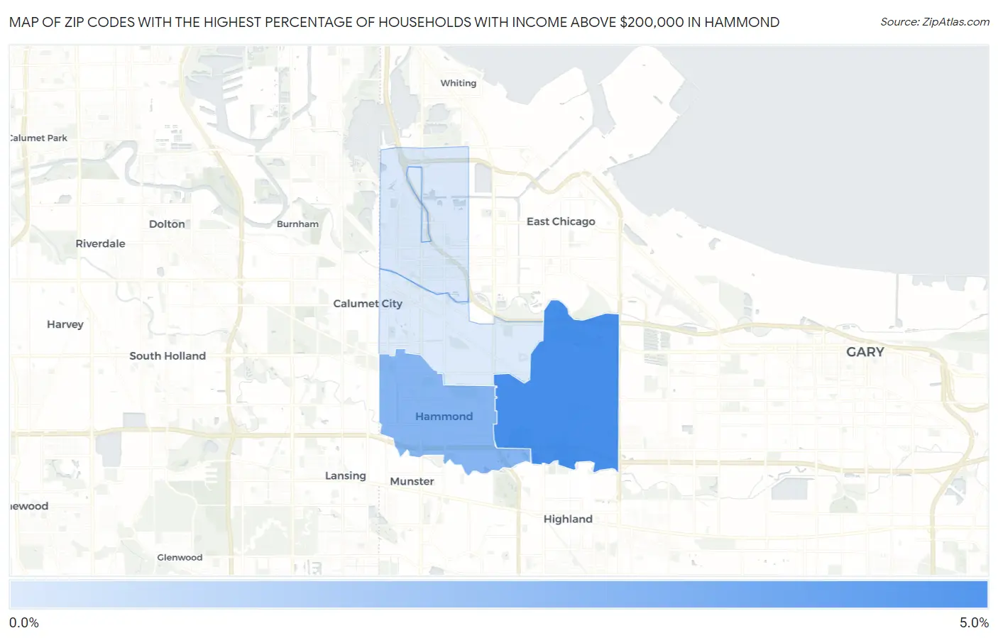 Zip Codes with the Highest Percentage of Households with Income Above $200,000 in Hammond Map