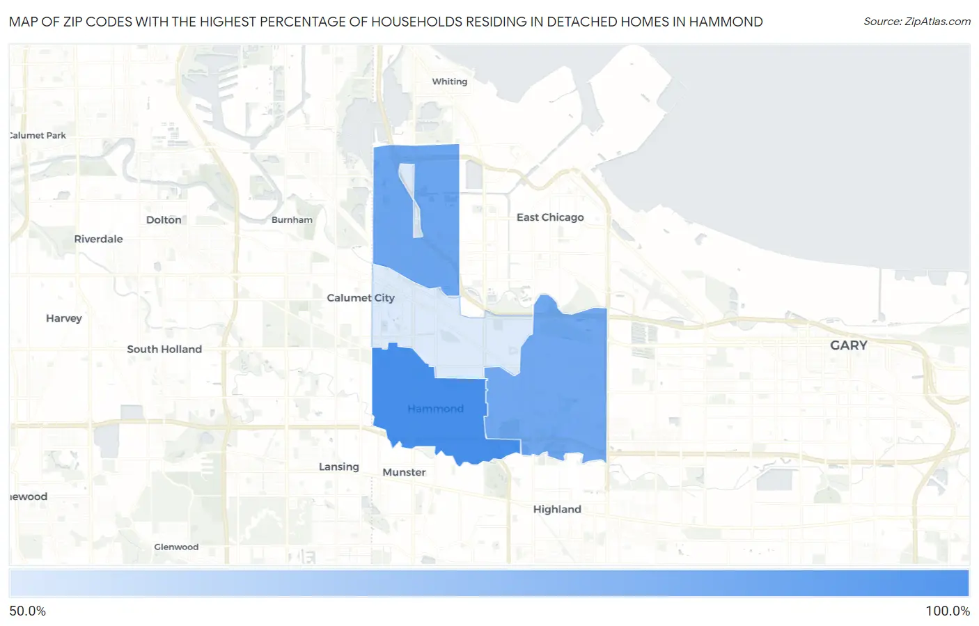 Zip Codes with the Highest Percentage of Households Residing in Detached Homes in Hammond Map
