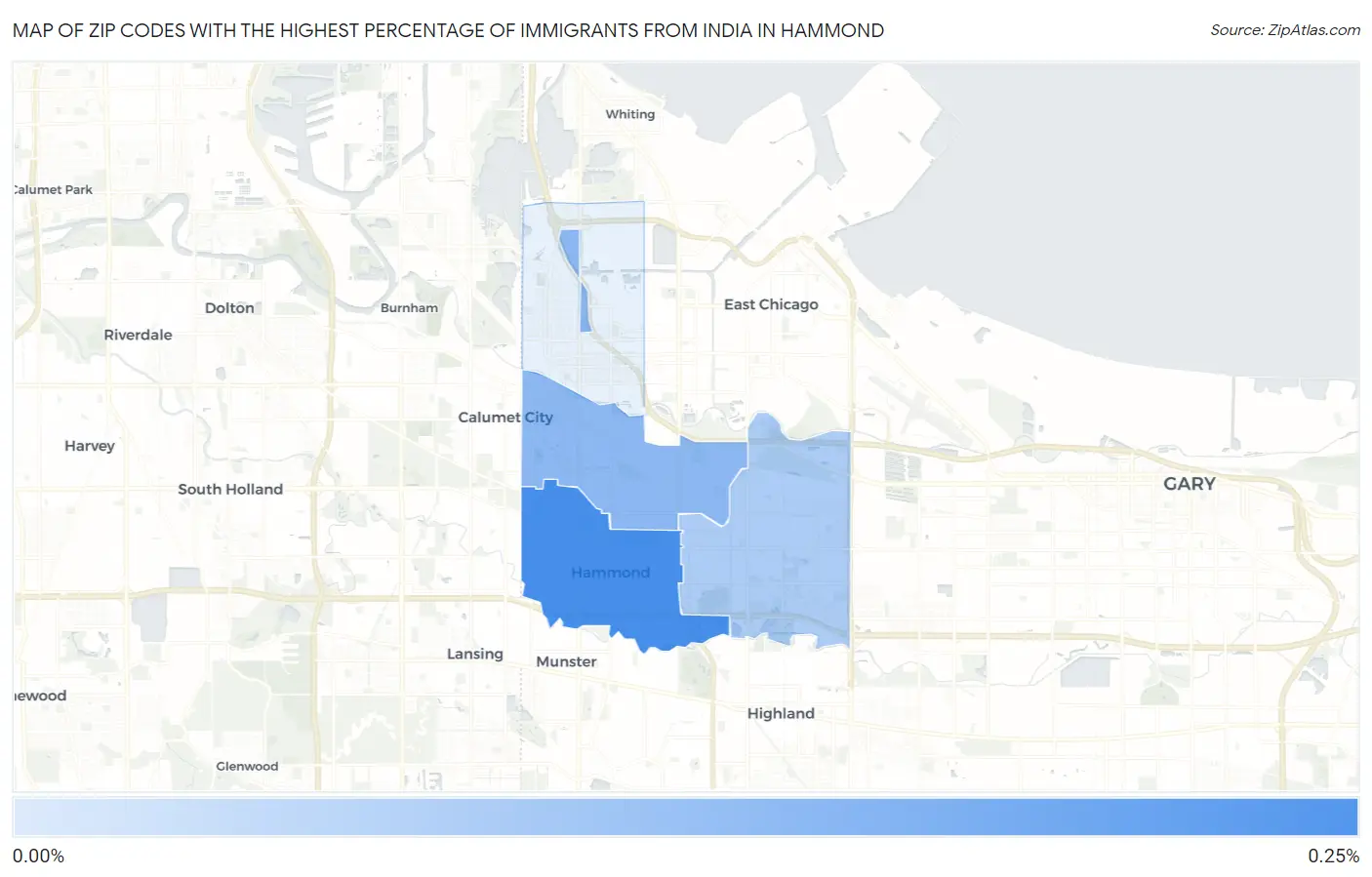 Zip Codes with the Highest Percentage of Immigrants from India in Hammond Map