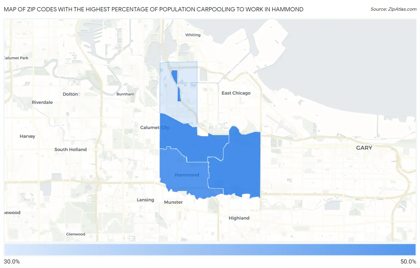 Zip Codes with the Highest Percentage of Population Carpooling to Work in Hammond Map