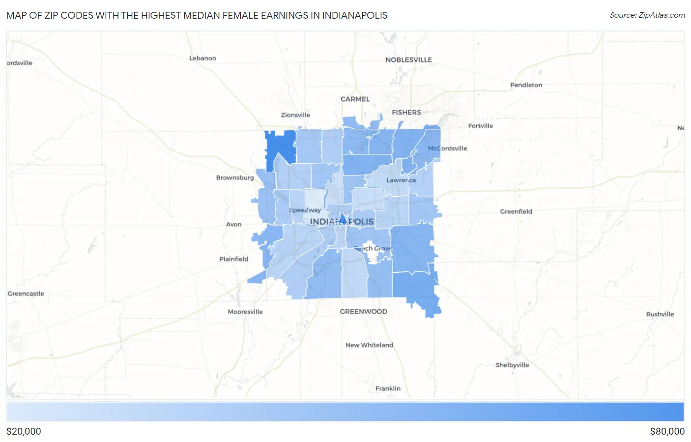 Zip Codes with the Highest Median Female Earnings in Indianapolis Map