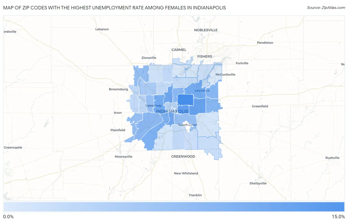 Zip Codes with the Highest Unemployment Rate Among Females in Indianapolis Map