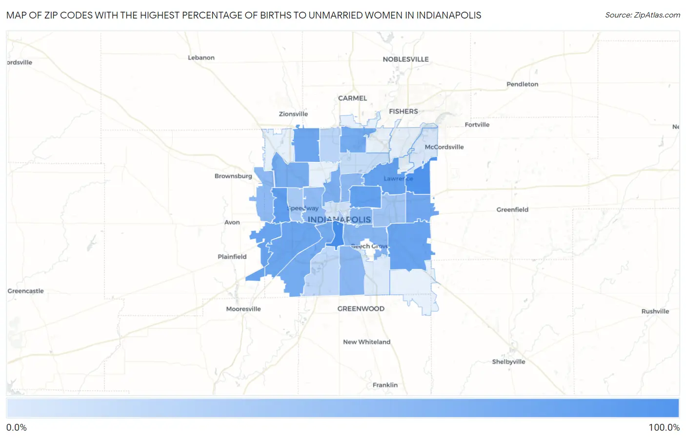 Zip Codes with the Highest Percentage of Births to Unmarried Women in Indianapolis Map