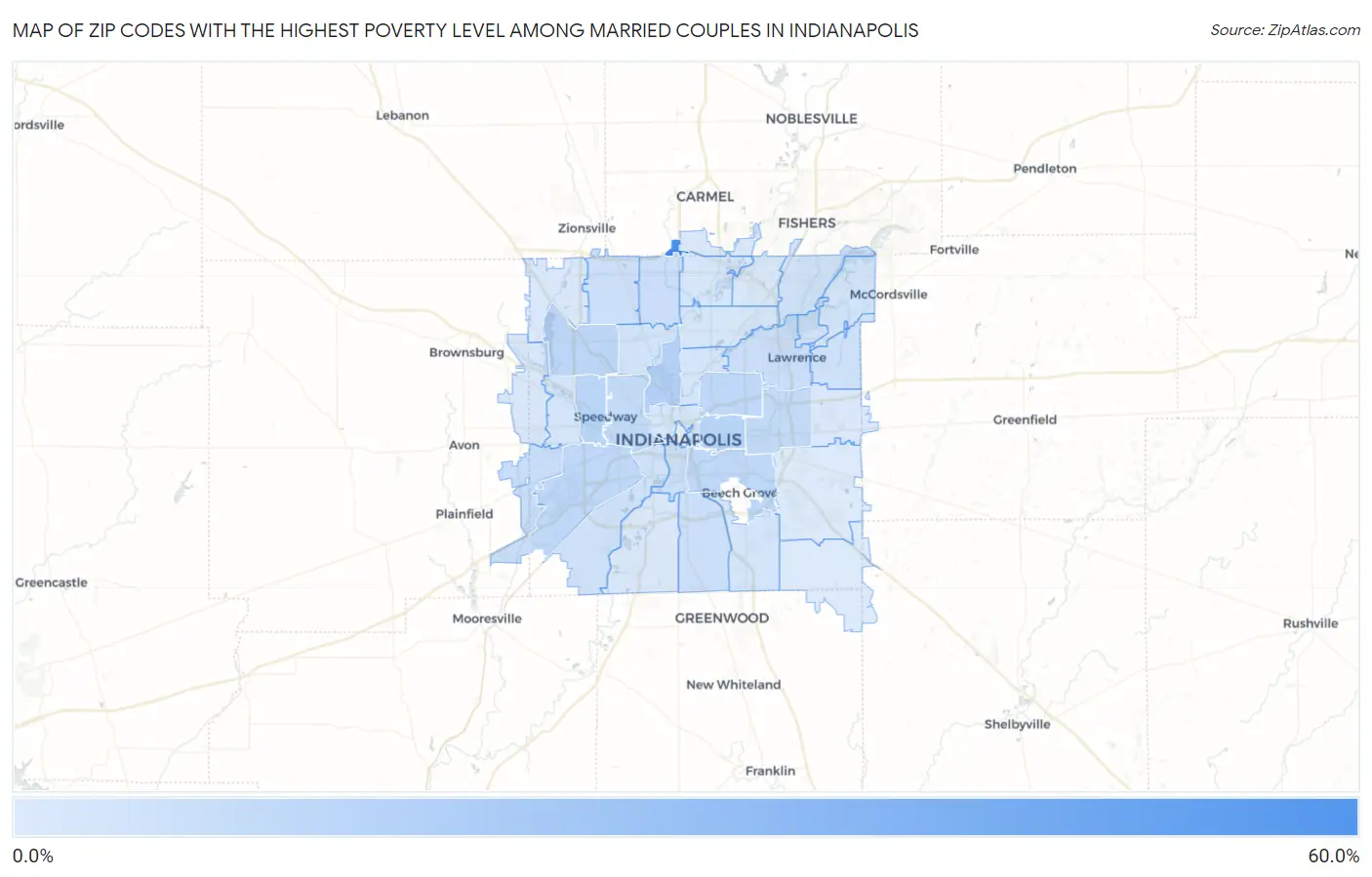 Zip Codes with the Highest Poverty Level Among Married Couples in Indianapolis Map
