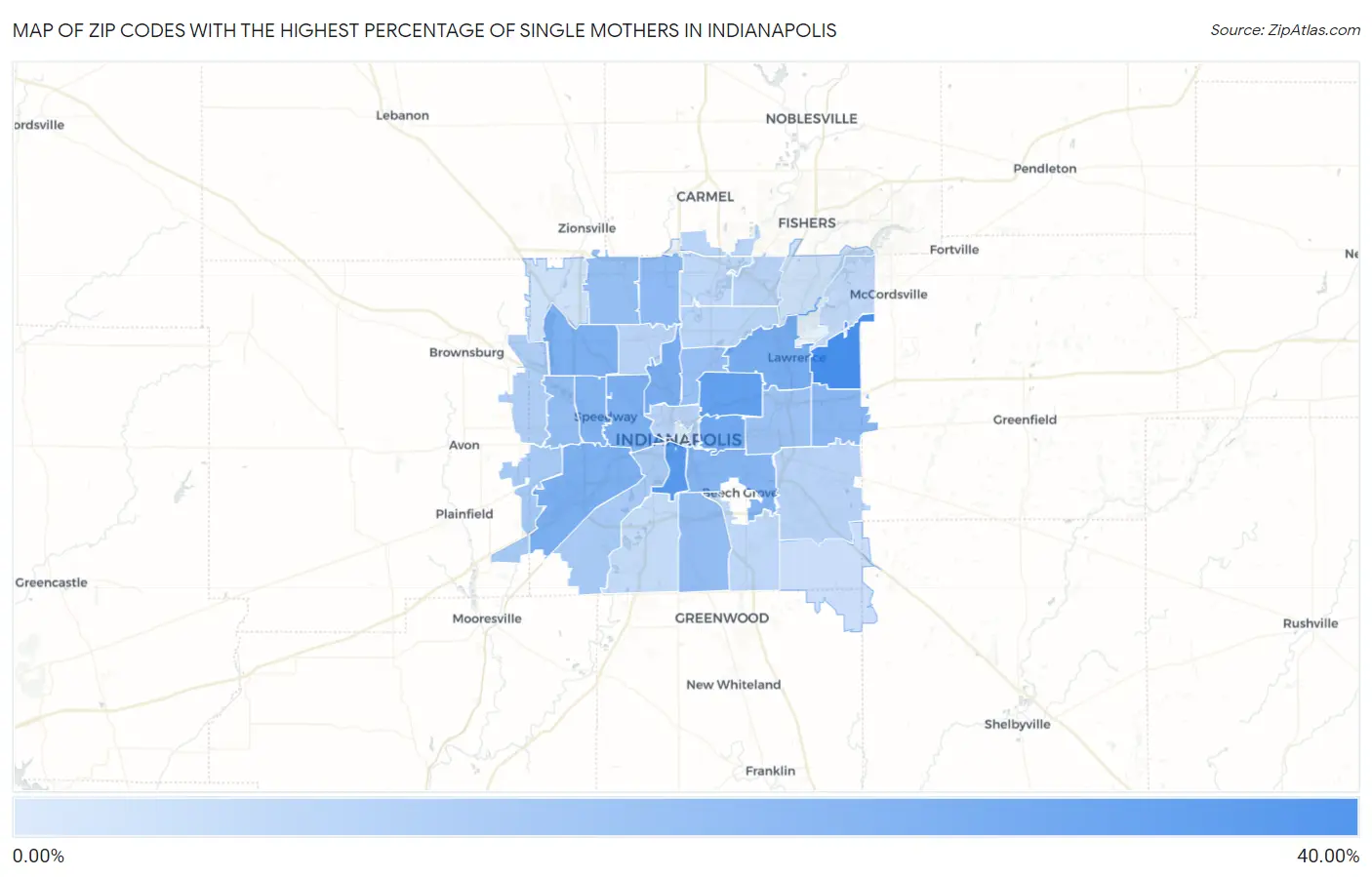 Zip Codes with the Highest Percentage of Single Mothers in Indianapolis Map