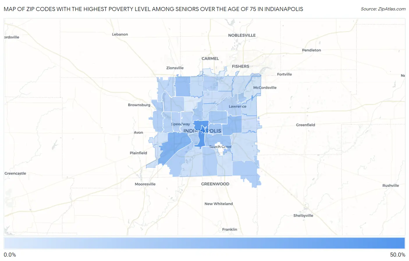 Zip Codes with the Highest Poverty Level Among Seniors Over the Age of 75 in Indianapolis Map
