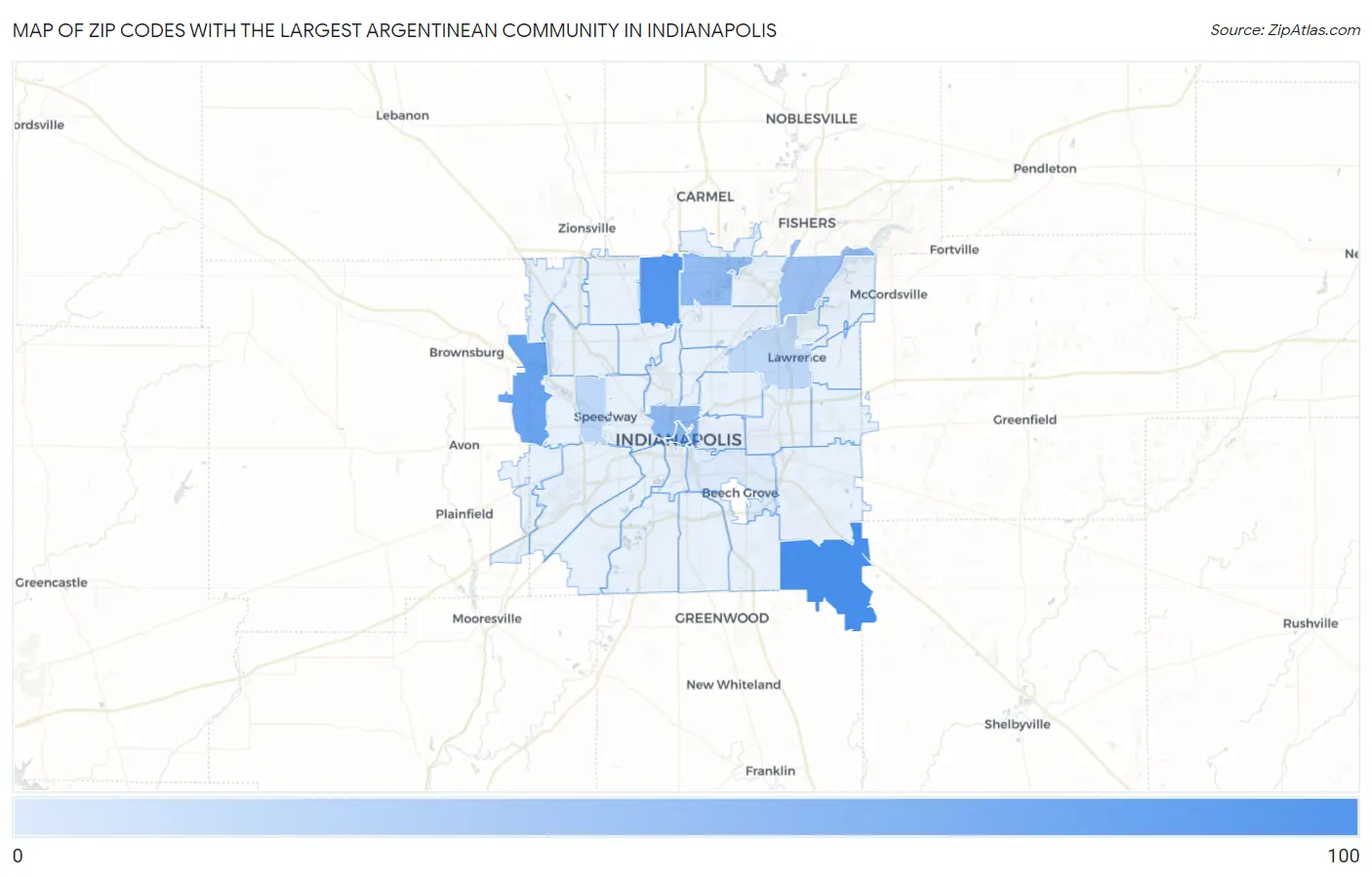 Zip Codes with the Largest Argentinean Community in Indianapolis Map