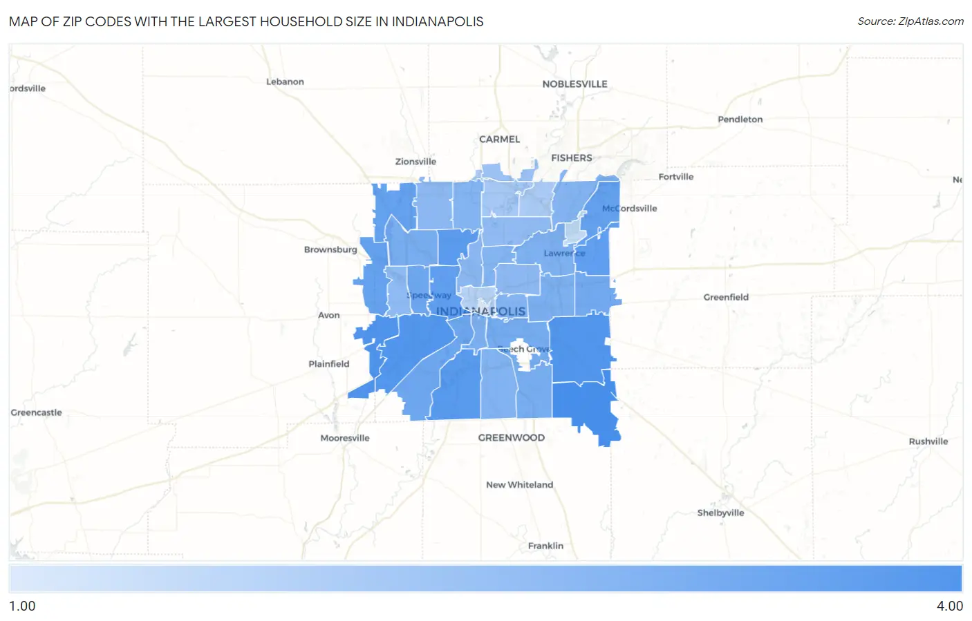 Zip Codes with the Largest Household Size in Indianapolis Map